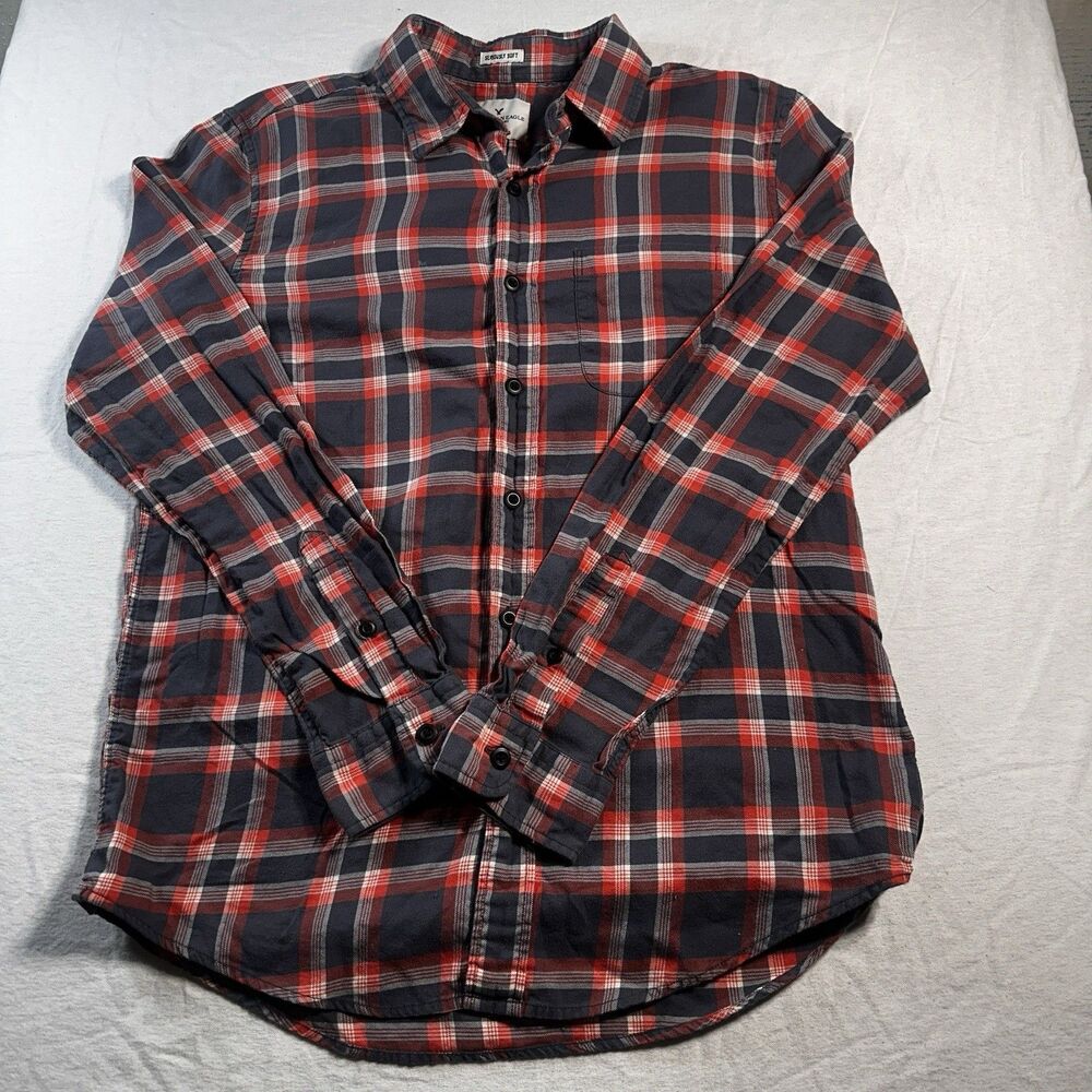 American Eagle Seriously Soft Plaid Flannel Shirt Maroon Gray Grey Mens Medium